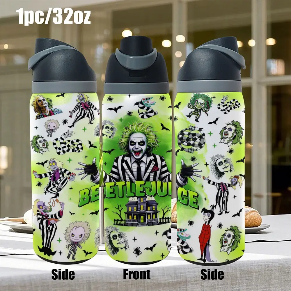 1pc 32oz 960ml 304 stainless steel sports water bottle beetlejuice halloween horror movie full wrap sublimation print portable travel water bottle