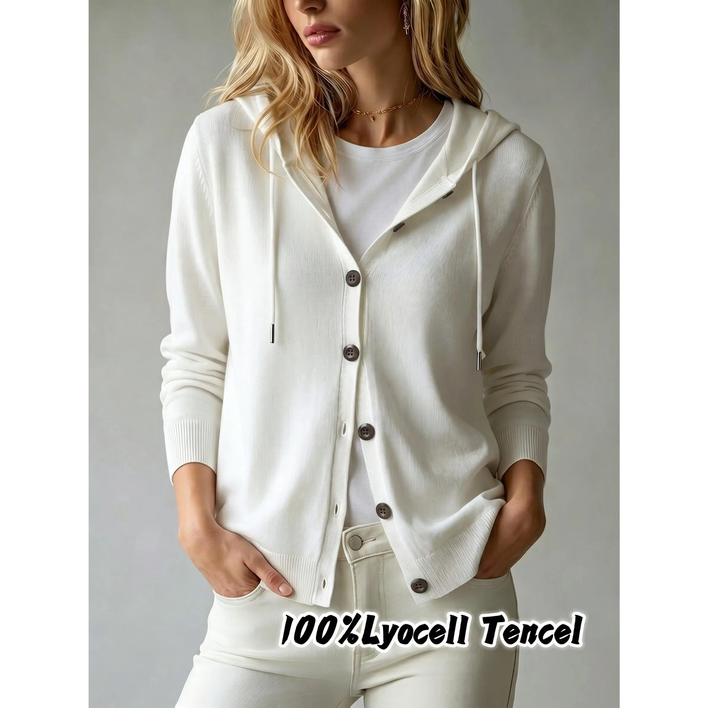 Women's 100% Lyocell Tencel Early Autumn Sun-Protective Hooded Cardigan Top - Women's Clothes with Drawstring Hood, Soft Skin-Friendly, Breathable Drape, Stylish Design, Style