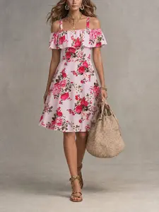Stylish Women's Spring Summer Floral Print Fitted off Shoulder Ruffle Dress, Womenswear Long Elegant Chic Casual Wear Dress for All Seasons, Perfect for Casual Outings