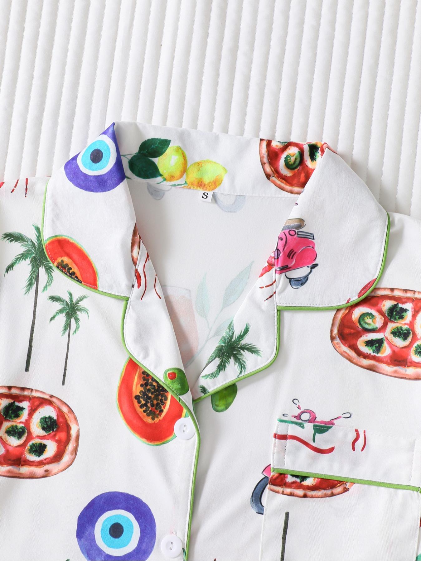 Women's Fruit Print Shirt & Elastic Waist Shorts Pyjama Two-piece Set, Casual Comfy Short Sleeve Top & Shorts PJ Set, Matching PJ Set, Ladies Sleepwear for All Seasons