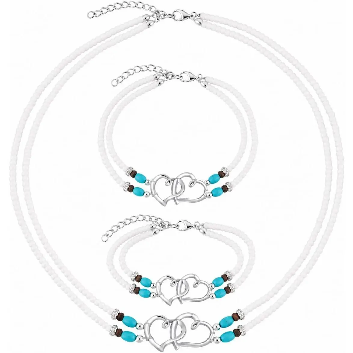 3 count Boho Beach  Set - Double Heart Beaded Necklace, Bracelet & Anklet,  Summer Elastic  for Women