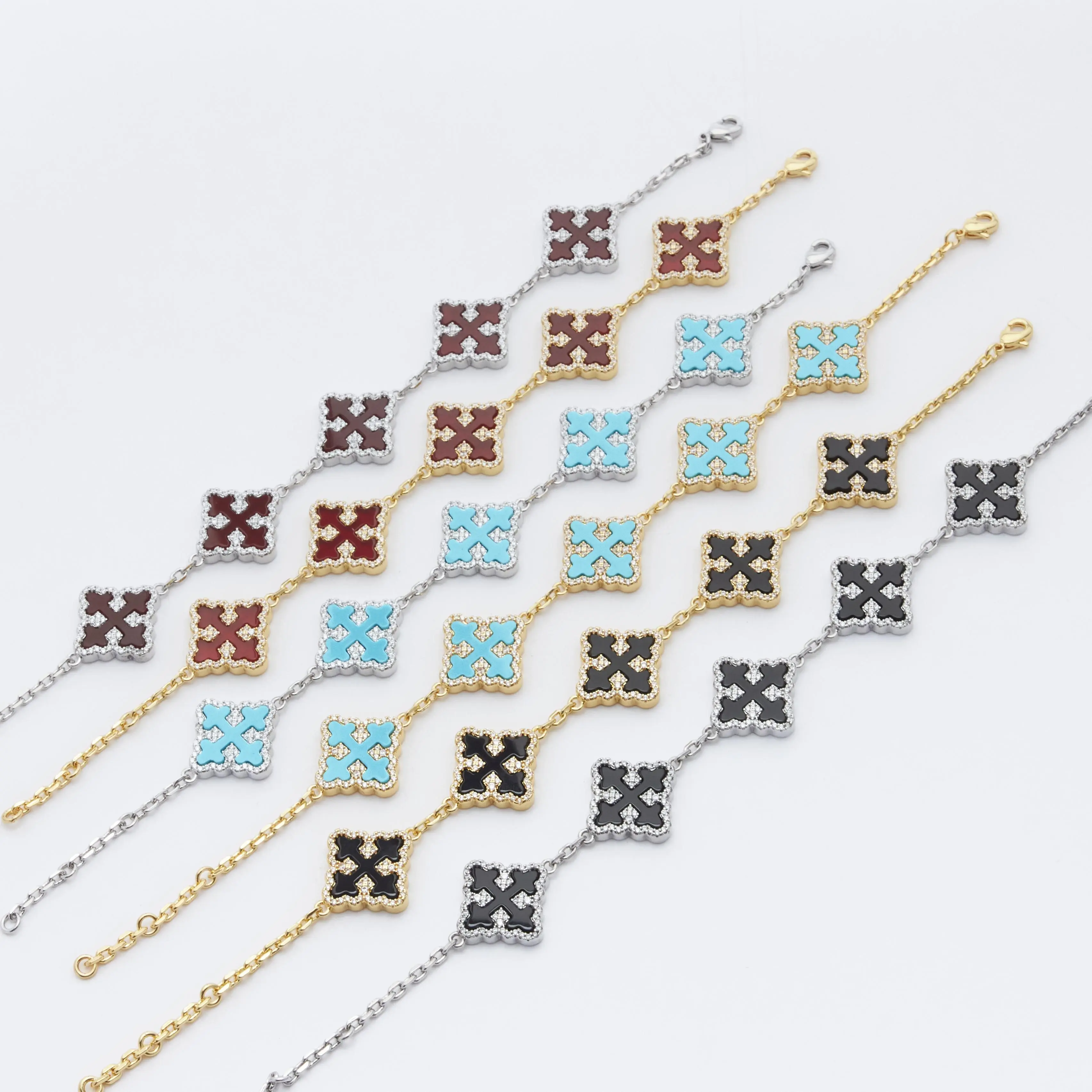 [ICE HUE] 18K Gold Vacuum Plated Copper Bracelet with 5A+ Sri Lanka Zircon, Synthetic Agate, Synthetic Turquoise & 4-Leaf Clover Design - Miami, Italy, Mexico & Micro Inspired Luxury Jewelry for Women, Daily Wear, Gift Idea