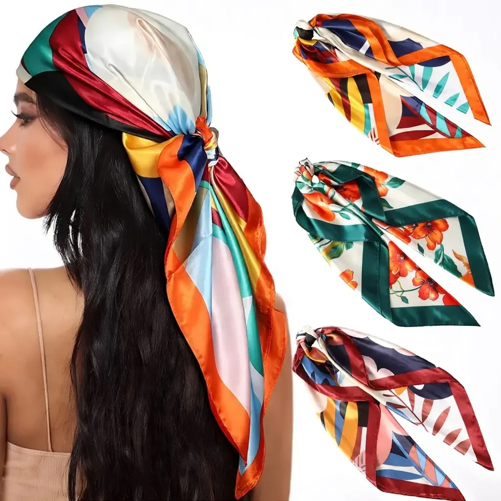 Women's 3-Pack Large Square Bandana Shawl Wraps - 35" Soft Silk-Feeling Scarves, Summer Sports & Outdoor Hair Wraps, Travel Wear with How to Tie Guide, Shawl Wrap, Scarf Head Wrap