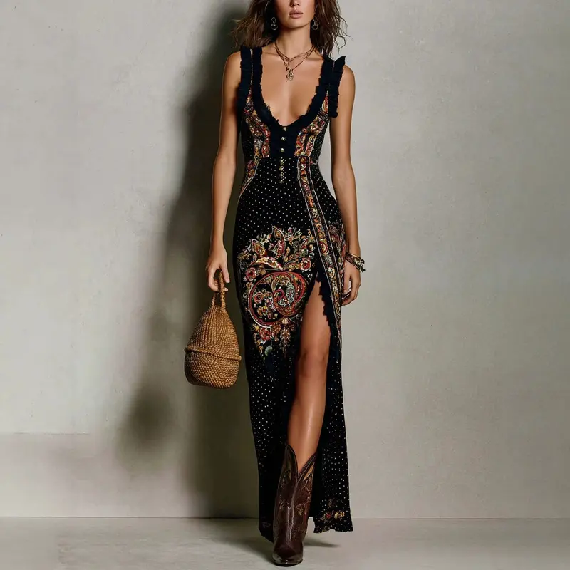 Women's Vintage Print High-Slit Slim-Fit Long Strap Dress