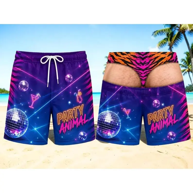 Men's Retro 80s-90s Loose-Fit Multi-Size Party Animal Disco Swim Trunks, Funny Beach Shorts, Bachelor Party Gift, Summer Outfit