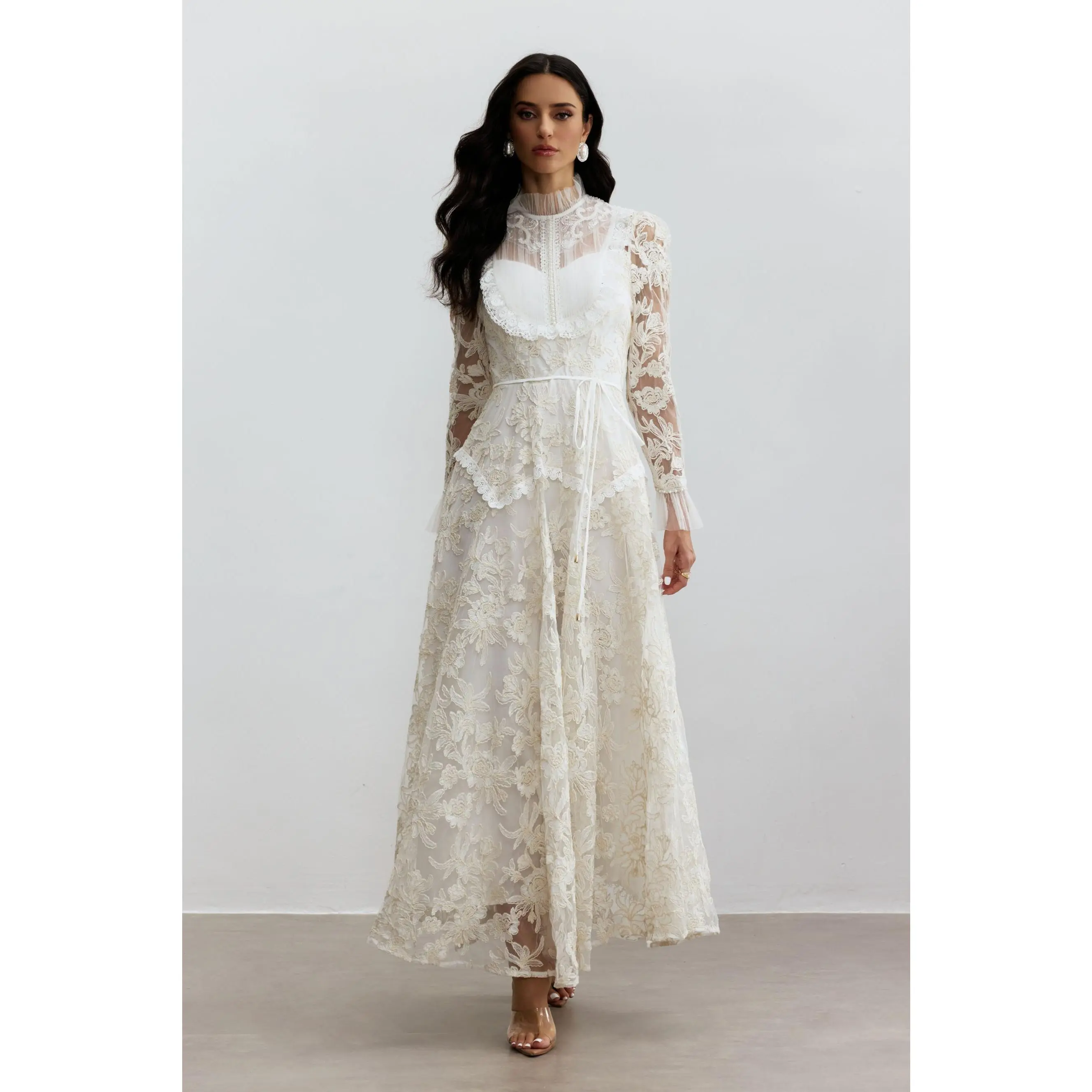 Sunfere Floral Lace Mock Neck Maxi Dress - Pearl Detail A-Line Elegant Modest, Wedding Eid Celebration Vacation Garden Party