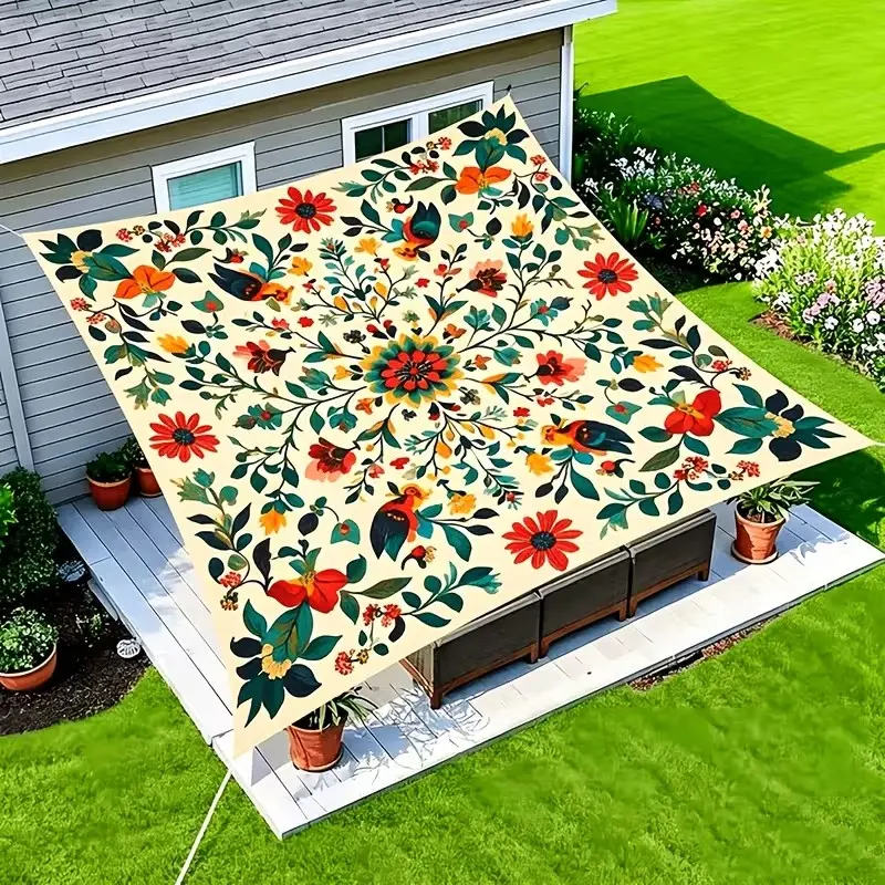Bohemian Floral Canopy, Lightweight Polyester, Easy Installation, All-Season Rectangular Shade Sail, Beach, Camping, Garden, Picnic, Outdoor Canopy
