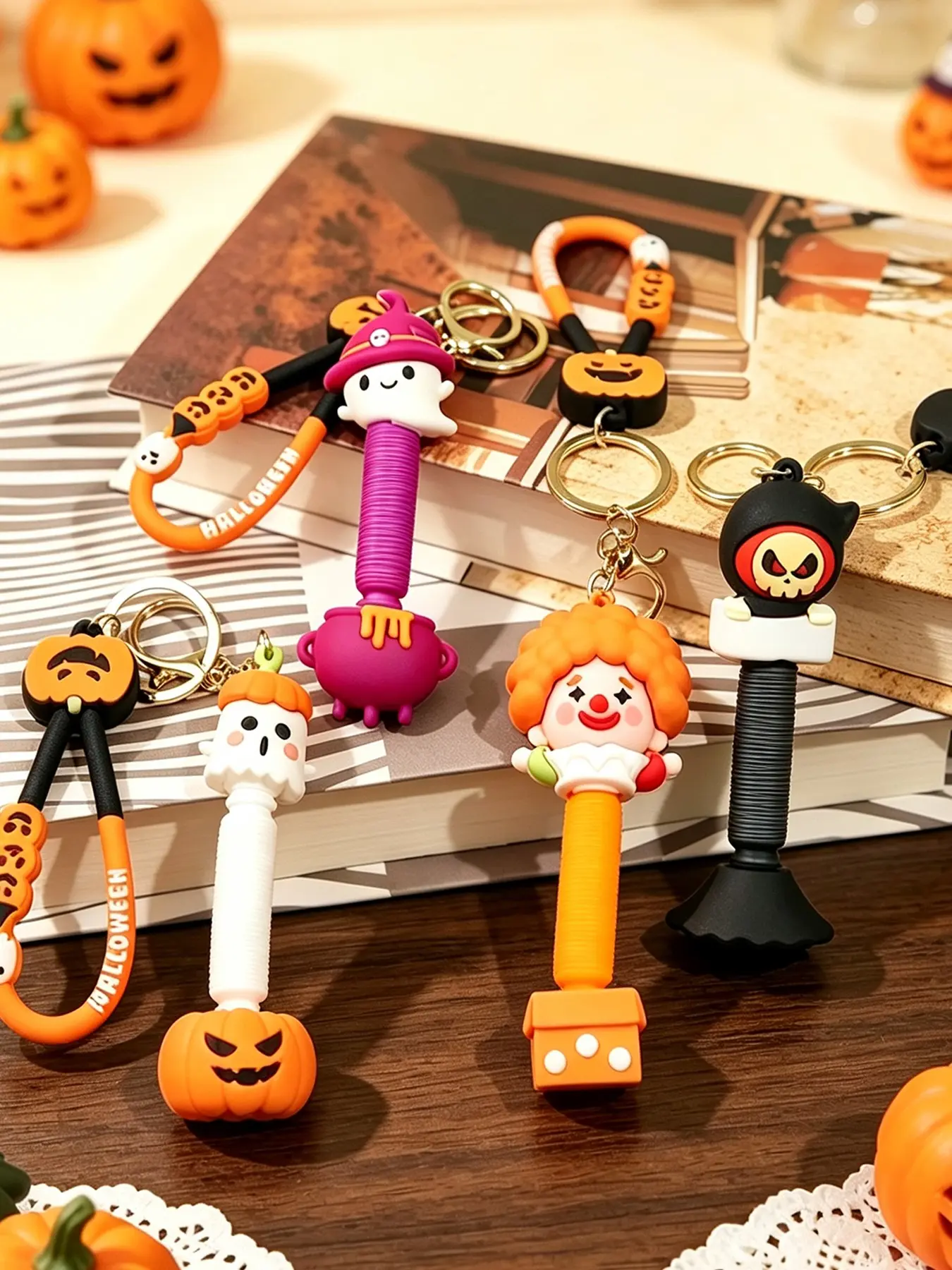 Halloween fun telescopic cane keychain, quirky pumpkin, skull, and clown doll keychain, stretchable and bouncy design, creative backpack accessory, cute and unique decoration for a festive vibe, multiple styles available.