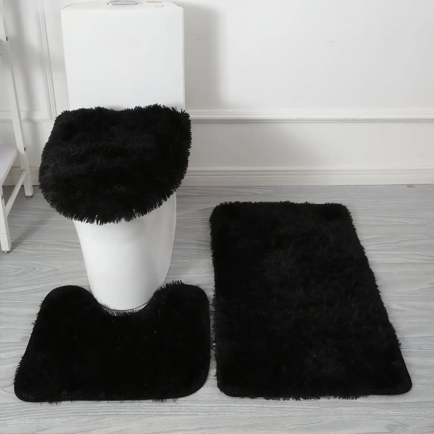 3 Piece Black Solid Bathroom Rugs Set, Washable Bath Mat Shower Floor Rug, Includes U-Shaped Contour Toilet Rug & Toilet Lid Cover