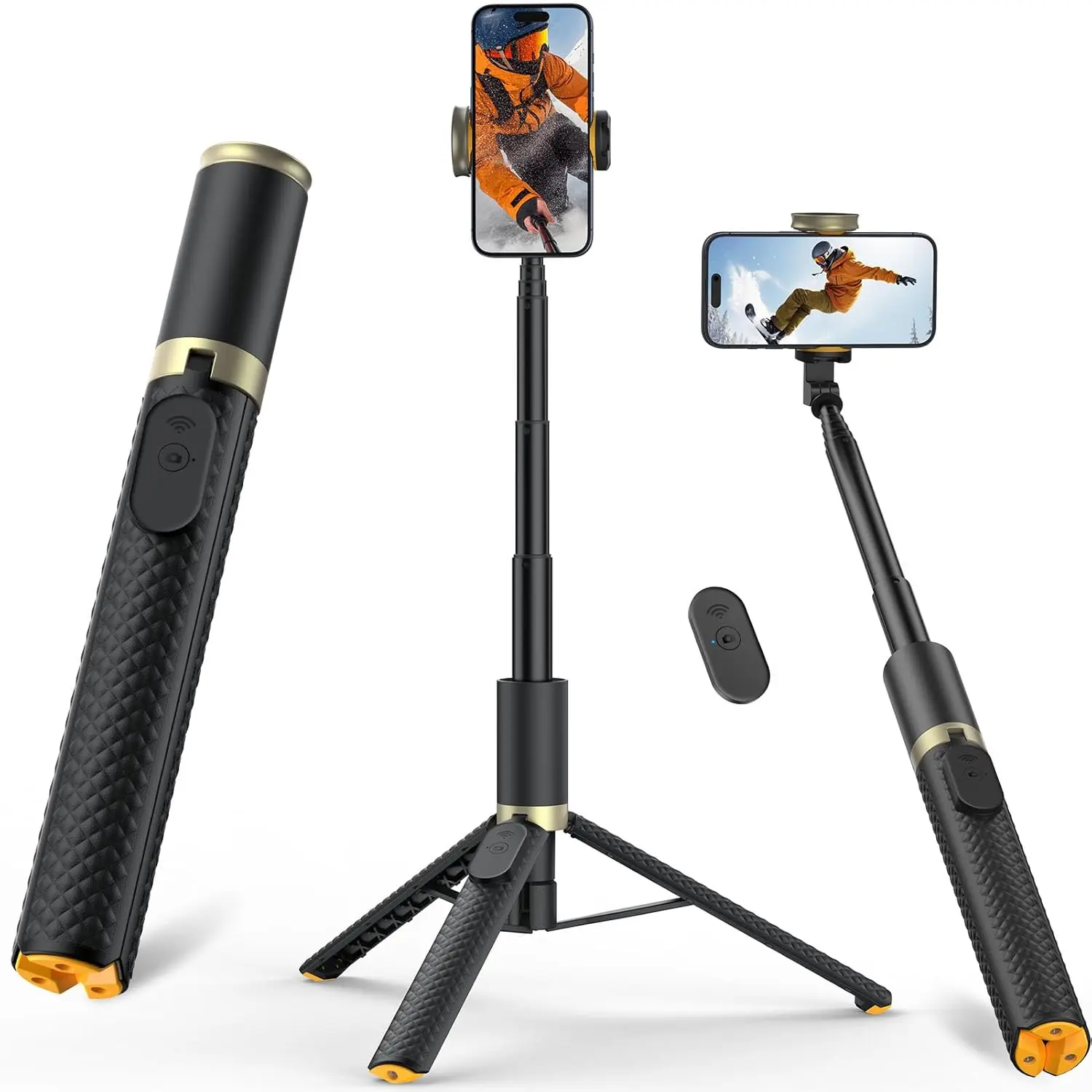 62-in Adjustable Selfie Stick with Remote Control - Portable Lightweight Extendable Mobile Phone Tripod, Accessories Included, Compatible with iPhone/Android for Video Recording, Vlog, Black