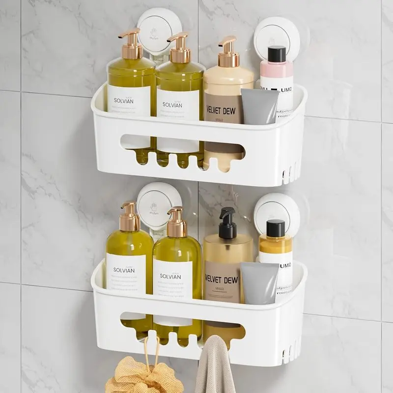 No-Drill Shower Organizer 2-Pack, Strong Suction Cup Bathroom Caddy Shelves with Fast Drainage for Shampoo, Conditioner and Toiletries, White