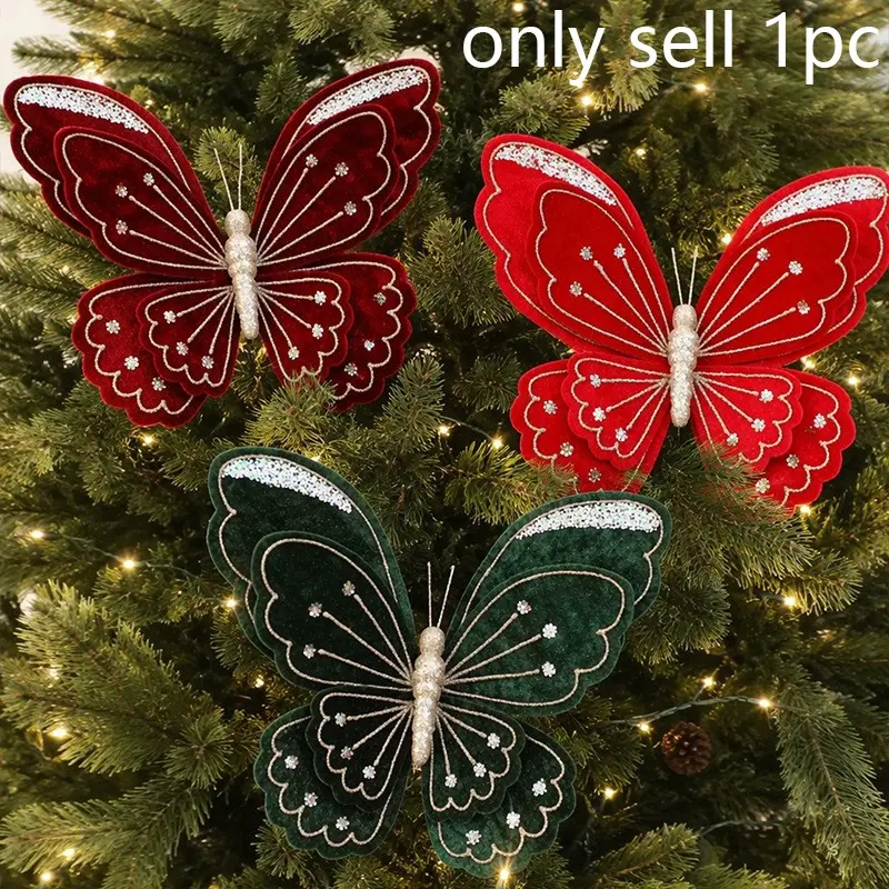 1pc Creative Painted Butterfly Christmas Tree Decor - Realistic Fabric Butterfly Christmas Ornament