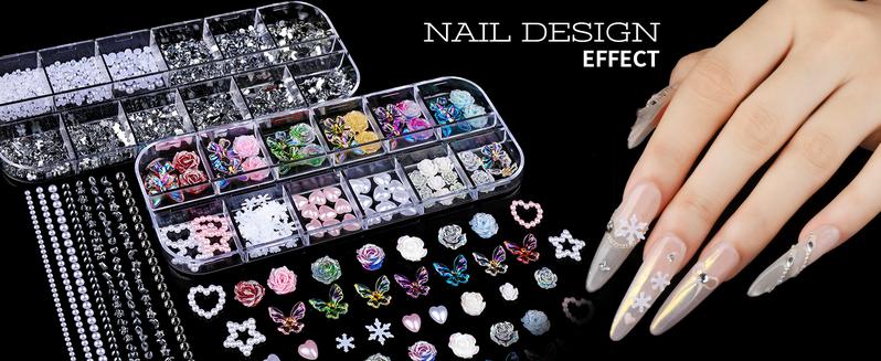 Nail Kit with Nail Charms and Nail Art Brushes Set, Nail Art Tools with 5 Boxes of 3D Nail Charms and Gems Rhinestones, 15 Pcs Nail Brushes, 5 Pcs Nail Dotting Tools, 2 Set of Nail Stand