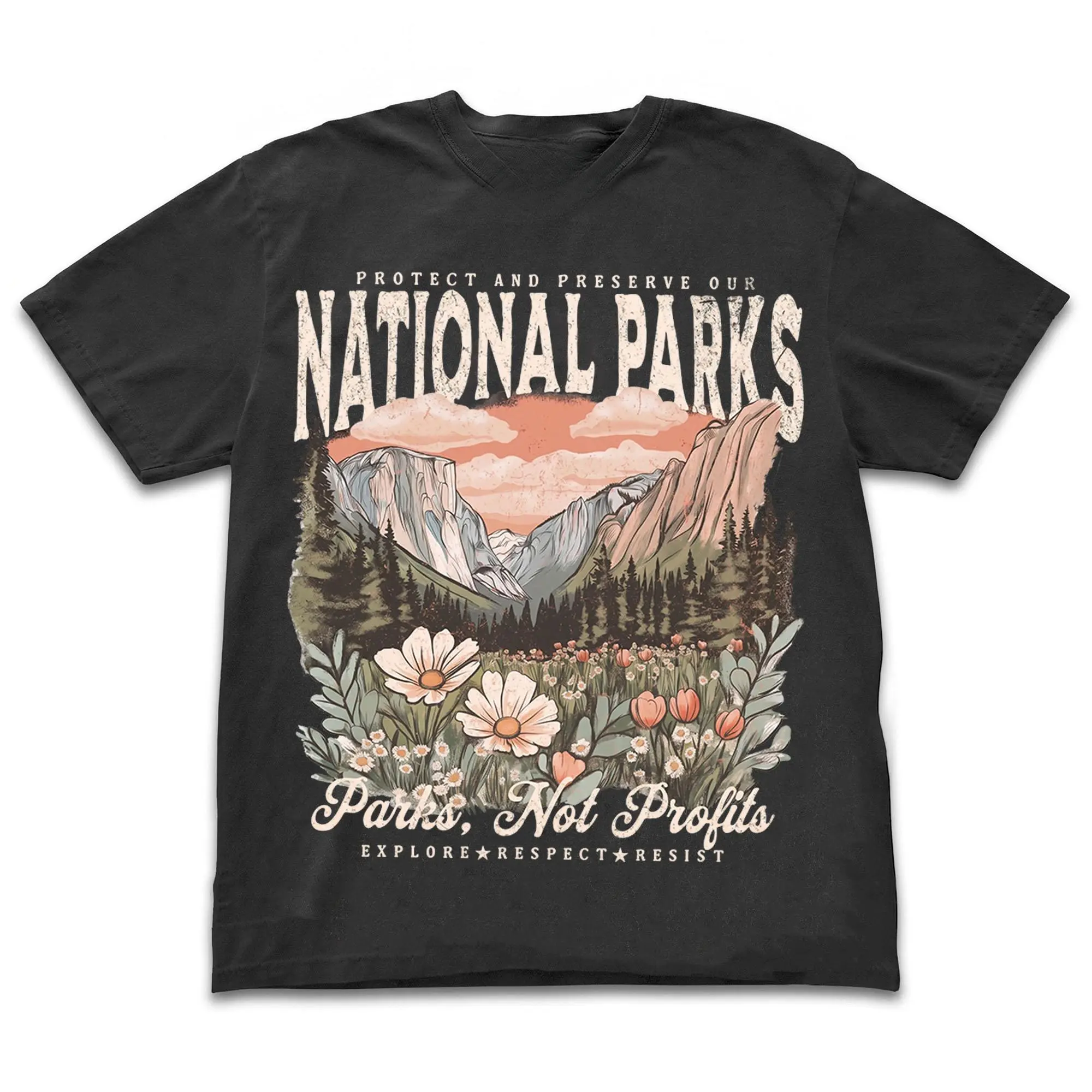 National Parks Graphic T-Shirt Unisex Vintage Nature Lover Shirt Parks Tee Protect Our Parks Granola Girl Top Oversized Black Cotton Shirt Wildlife Apparel Mountain Wildflower Clothing Outdoor Hiking Gift Explore Respect Tee summerwins