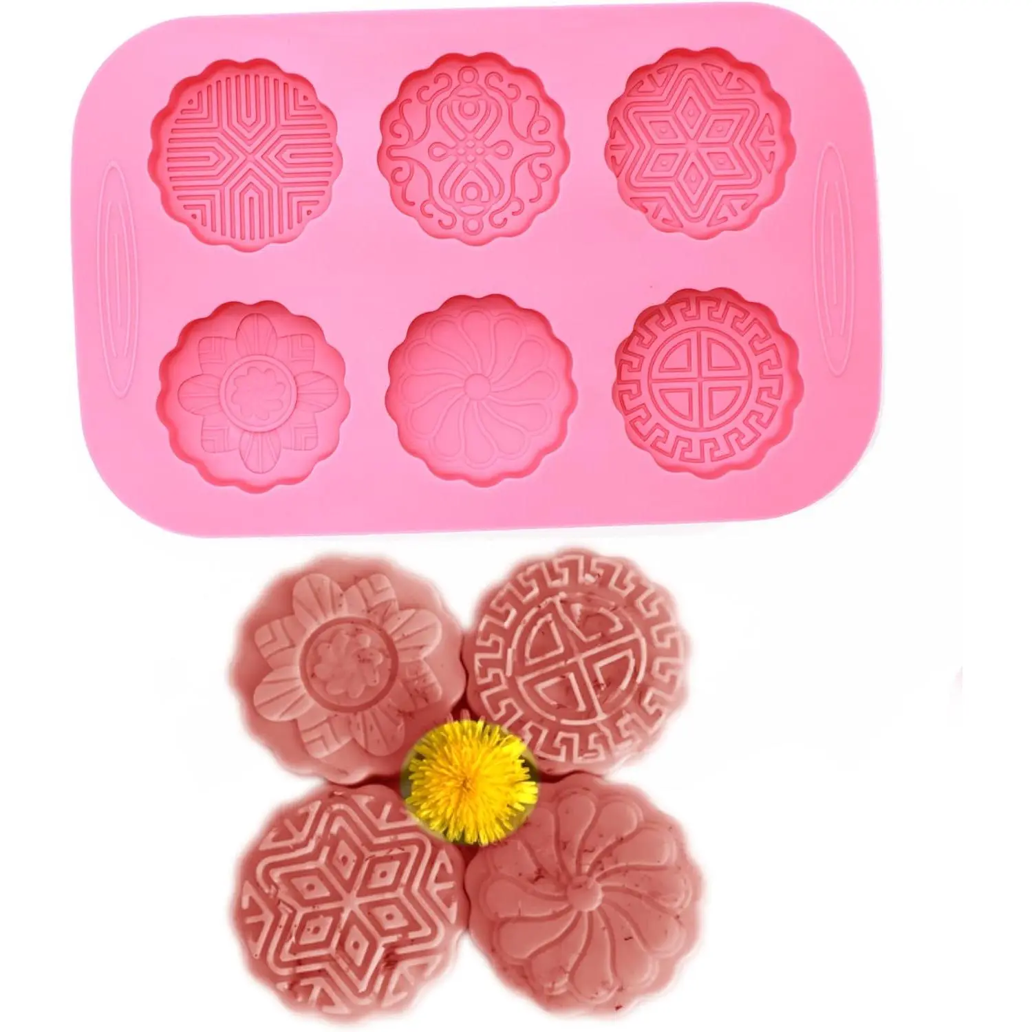 6-Cavity Round  Mold for Mooncake, , Soap & Lotion Bars | 2oz Per Cell | Flexible Mold with Intricate  | Fits 2oz Tins Perfectly