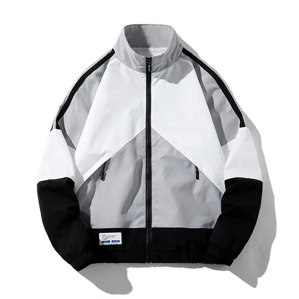 Men's Fashion Colorblock Jacket - Black White Gray Patchwork Stand Collar Street Trendy Casual Coat