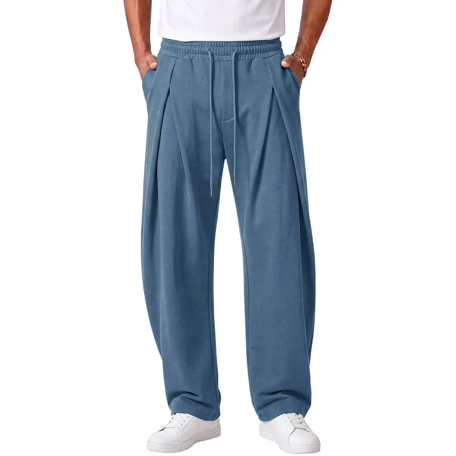 Runcati Men's Baggy Sweatpants Wide Leg Drawstring Casual Cotton Joggers | Elastic Waist Loose Fit Pants, Lightweight Trousers, Open Bottom Uncuffed Gym Y2K Pants, Relaxed Slacks with Pockets