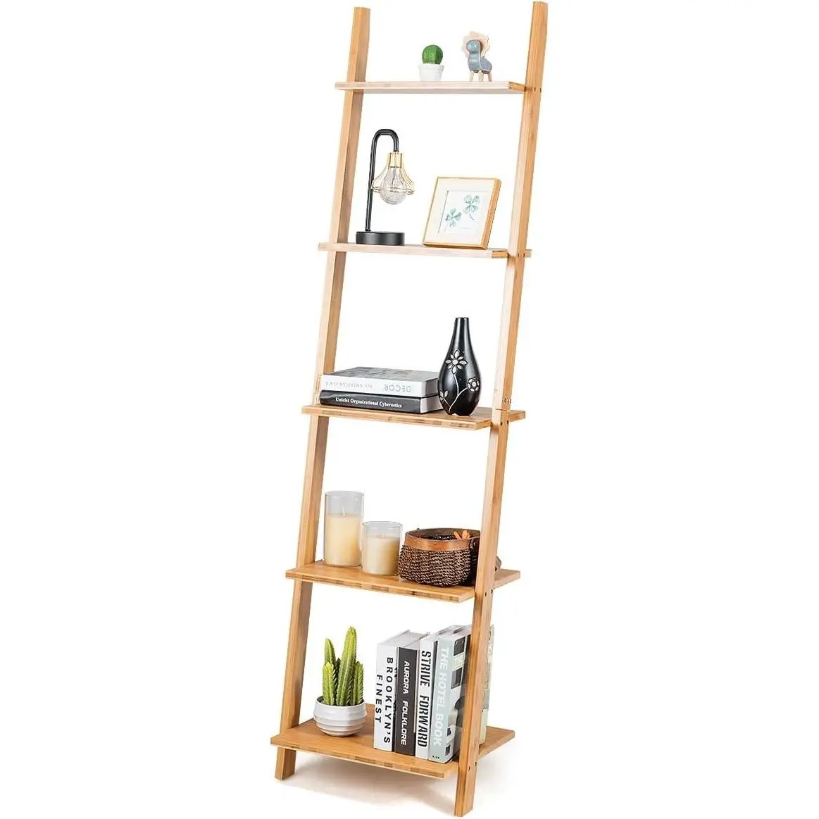 Natural Bamboo 5-Tier Ladder Shelf Rack - Lightweight Multifunctional Organiser, Wall-Leaning Single Unit, Plant Stand, Storage Display for Living Room & Office, Requires Assembly, Solid Bamboo
