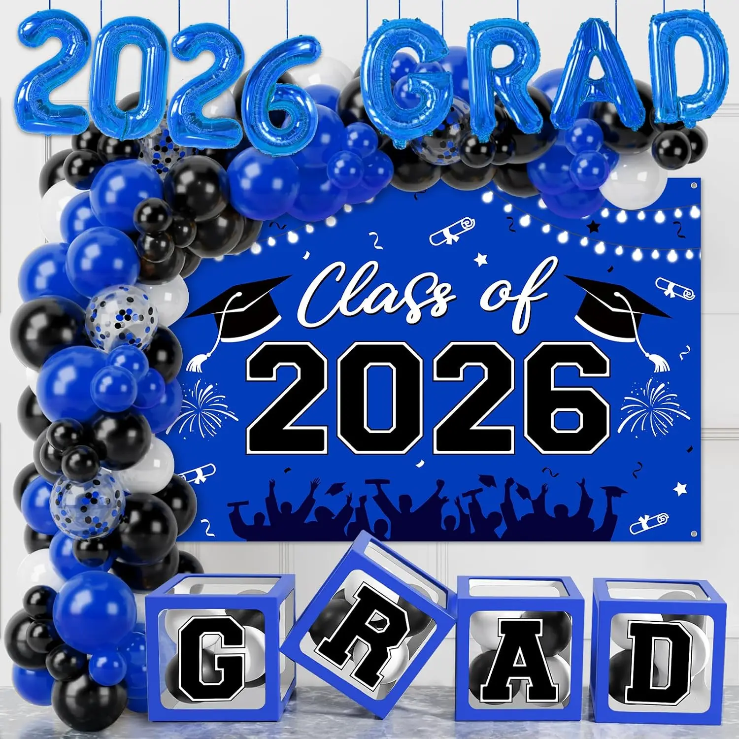 Graduation Decorations 2026, Blue Black Graduation Party Decorations 123 count Balloon Boxes with Letters, Balloon Arch Kit and Backdrop for 2026 Grad Decor Class of Party Supplies