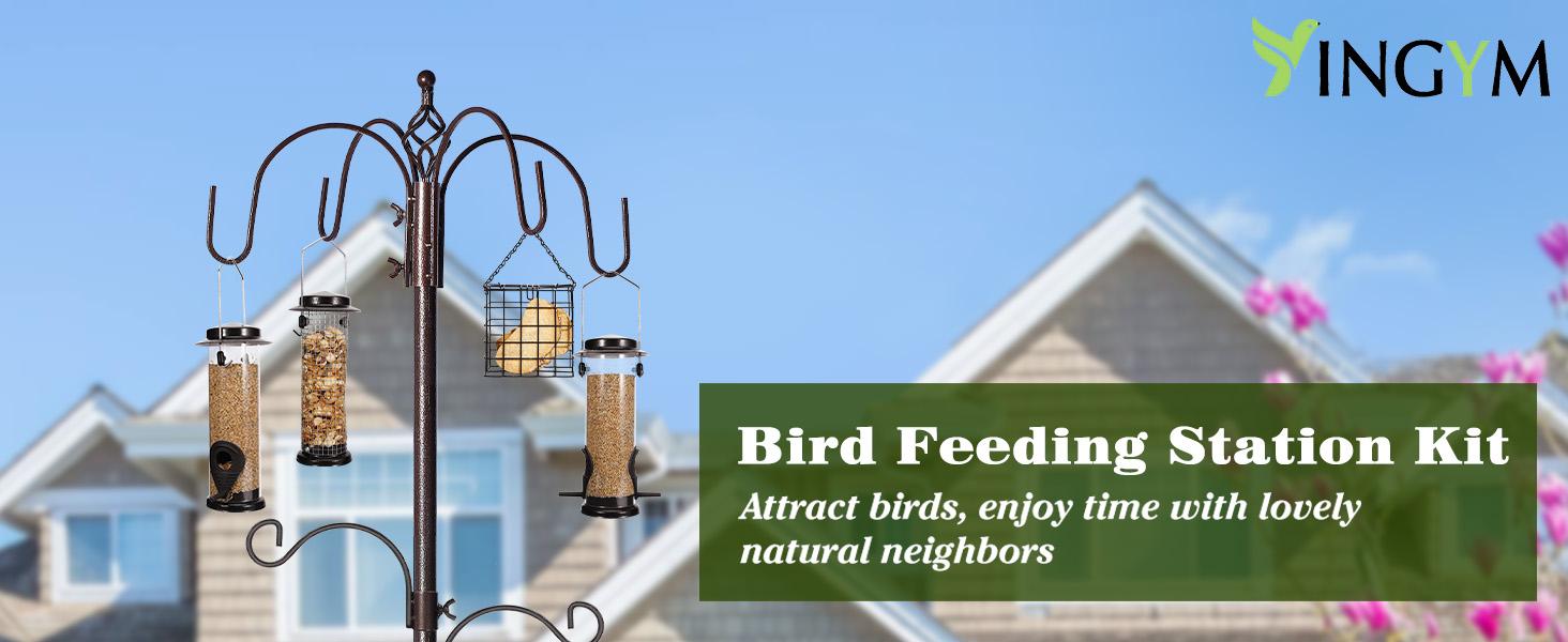 94-Inch 6-Hook Wild Bird Feeding Station Kit, Multi-Feeder Kit Outdoor Stand Pole with Water Bowl, Mesh Tray and Squirrel Guard Baffle, Pole Shape