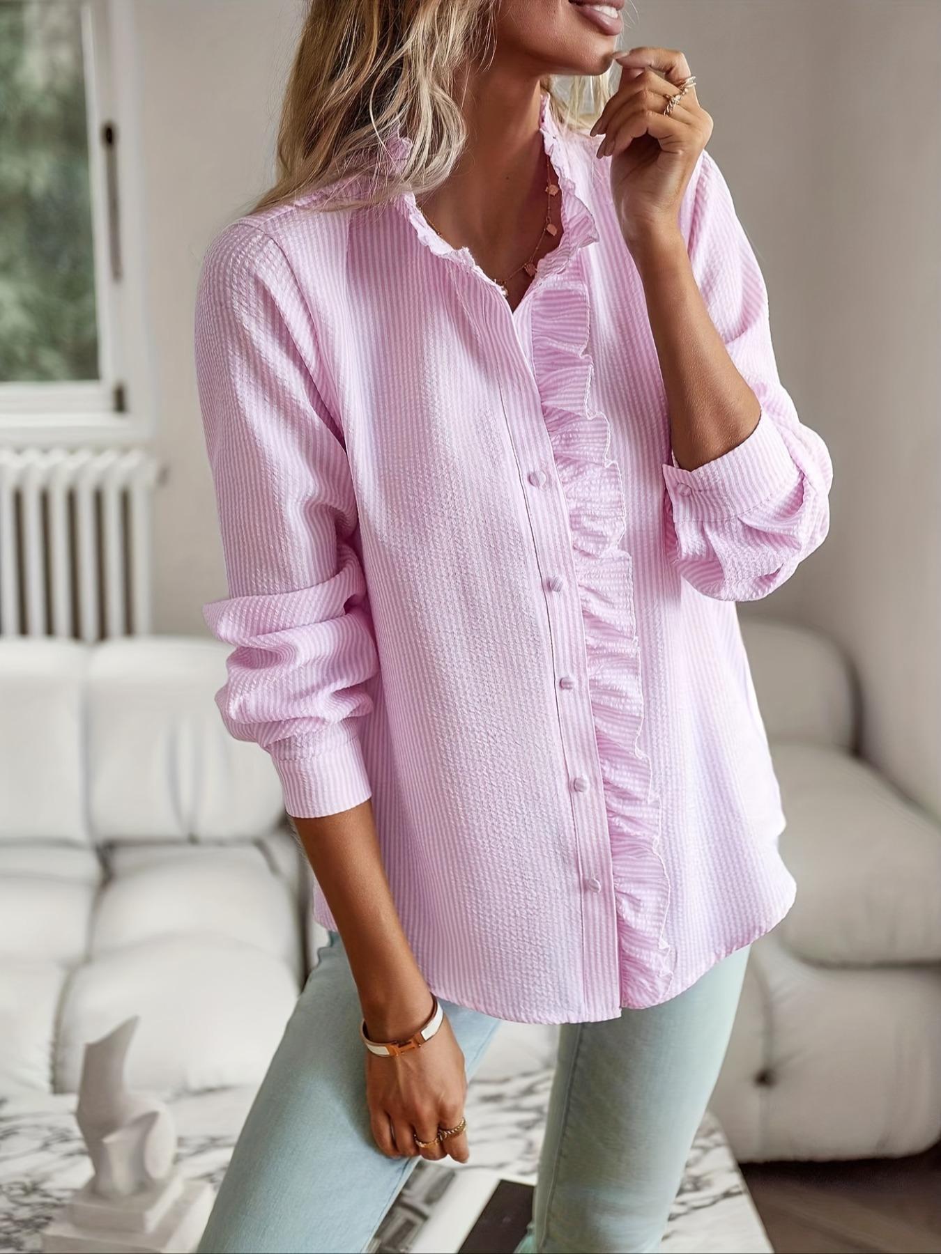 Women's Plain Ruffle Trim Button Front Fitted Woven Shirts, Blouse, Elegant Casual Bishop Sleeve Long Sleeve Frill Trim Top for Daily Wear, Ladies Clothes for All Seasons, Womenswear