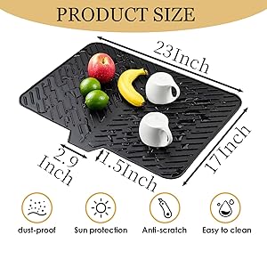 Silicone Dish Drying Mat 23x17 Multiple Usage,Easy clean,Eco-friendly,Heat-resistant Silicone Mat Dish Drying Mats For Kitchen Counter or Sink,Refrigerator or Drawer liner Gray 23inchx17inch