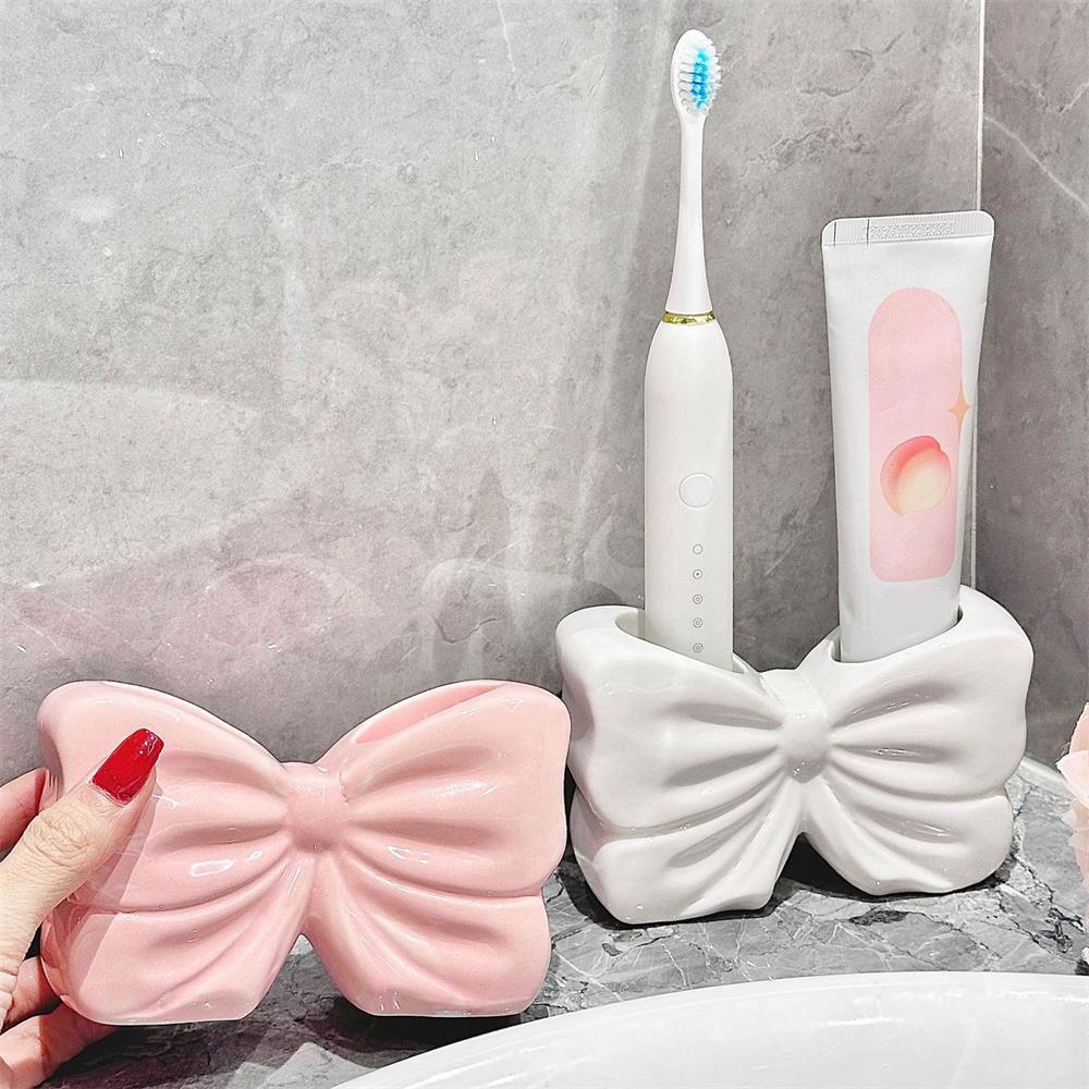 Bowknot Design Toothbrush Holder, 1 Count Ceramic Toothbrush Storage Rack, Bathroom Supplies for Home Hotel Salon Dormitory, Toothbrush Cup Holder
