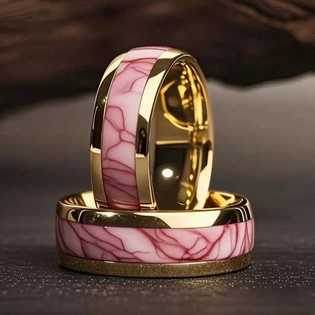 8MM Fashion Pink Abalone Shell Inlay Men's Ring Unique Gold Color Wedding Engagement Stainless Steel Rings Women Party Ring