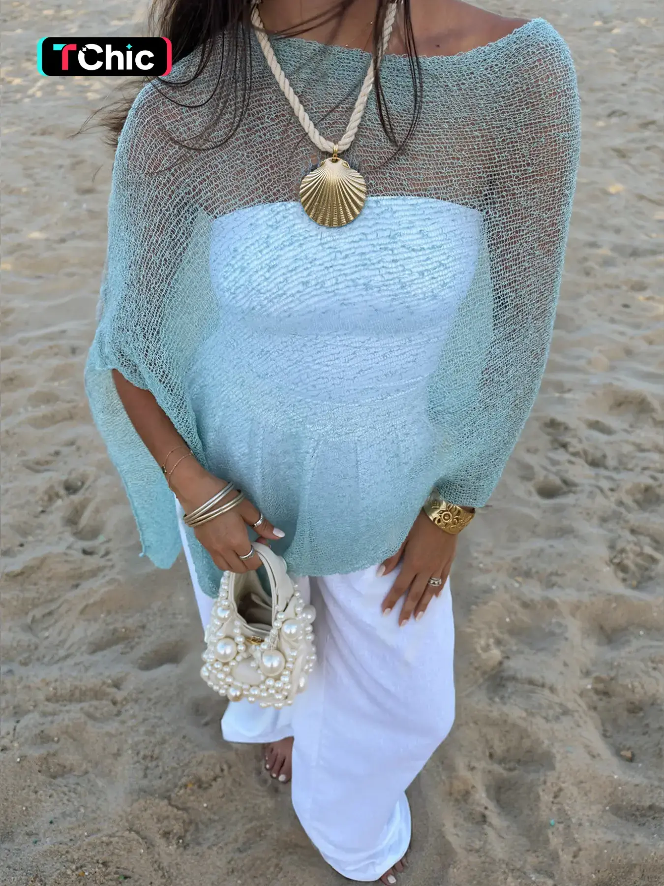 2026 New Mesh Knit Cape Top, One-Shoulder Loose Sheer Cover-Up, Beach Cover Ups, Lightweight Breathable, Perfect for Summer Beach, Party, Date, Resort Style Women's Outerwear