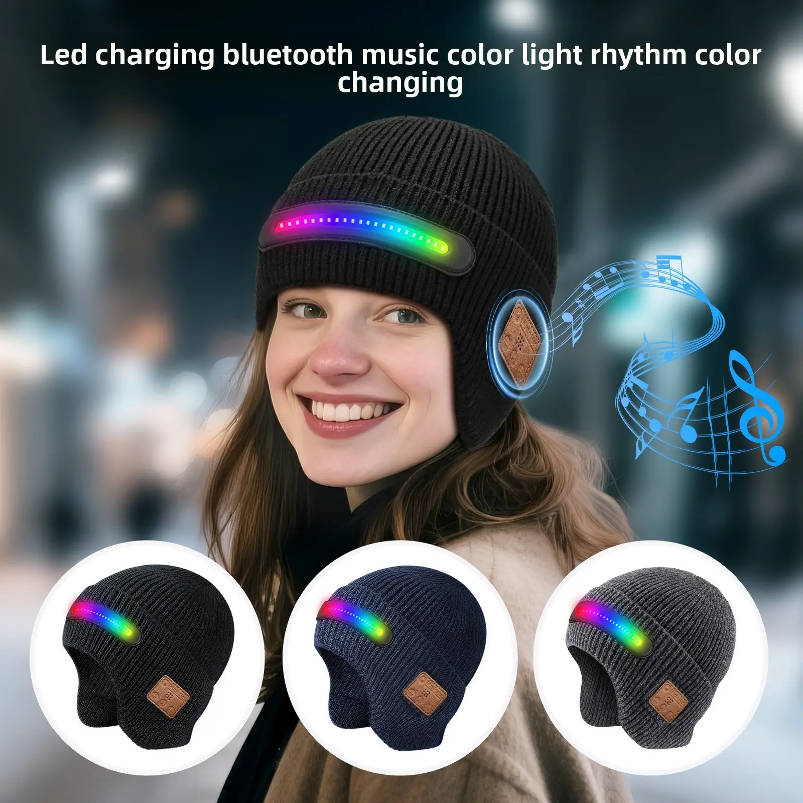 Bluetooth Music Beanie Hat with Colorful LED Lights, Music Synced, Rechargeable Light, Soft Breathable Fabric for All Seasons, Washable Party Gift, Parties & Festivals