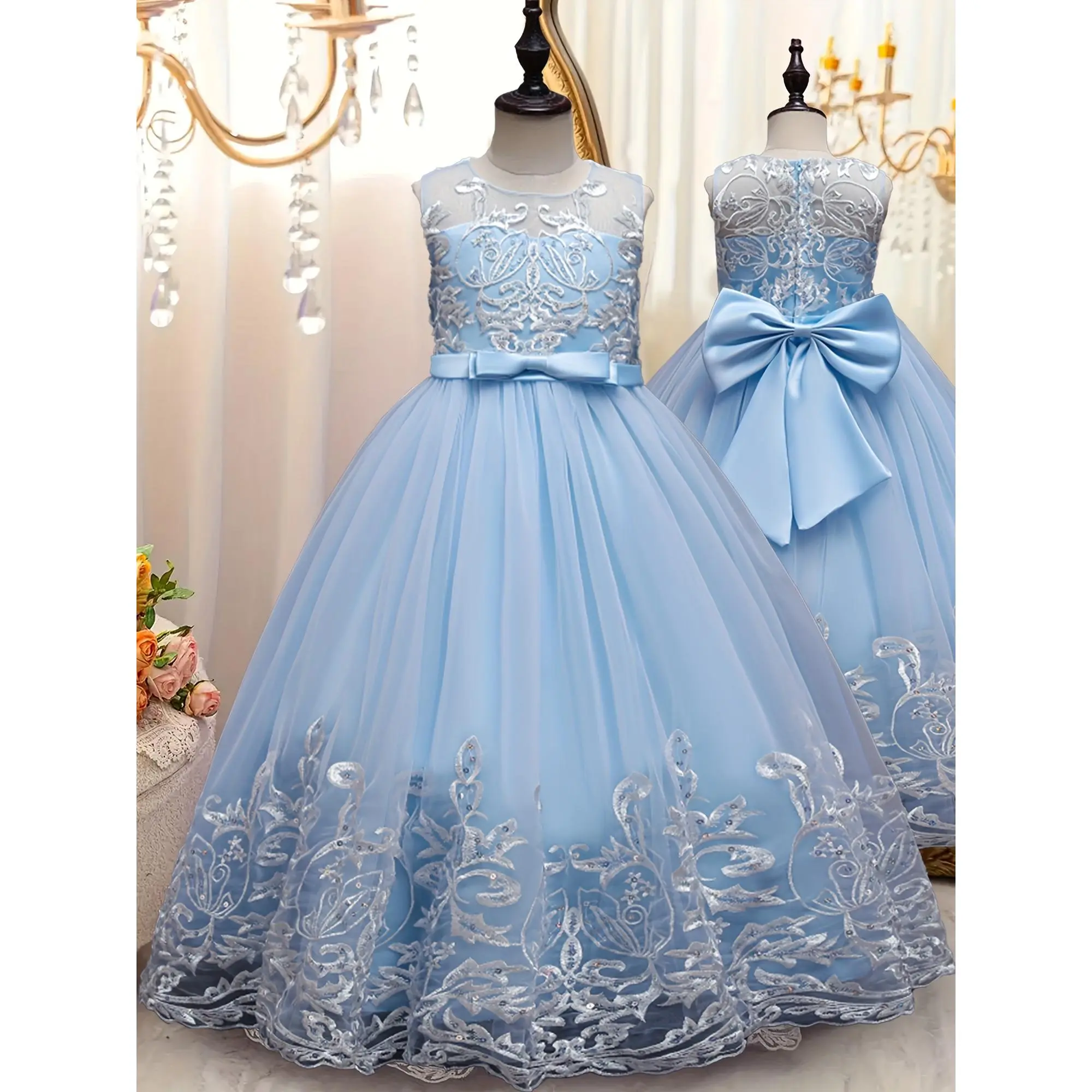 Girls' Plain Princess Lace Formal Full Length Long Gown Cut Dress - Flower Girl & Communion Wedding Party Wear, Cold Wash, Lace Detailing
