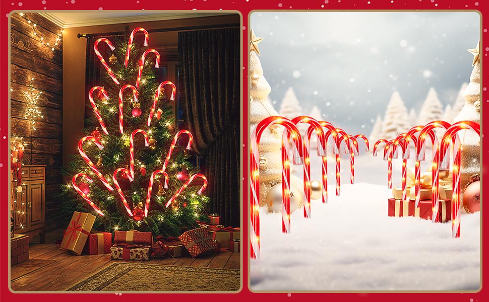 Candy Cane Christmas String Lights, Connectable Pathway Lights, 10-Piece Pathway Light Set Ideal for indoor/outdoor pathways, patios, gardens, lawn decorations, Christmas tree decorations, garden holiday decorations, and outdoor decor QH Red Ornaments