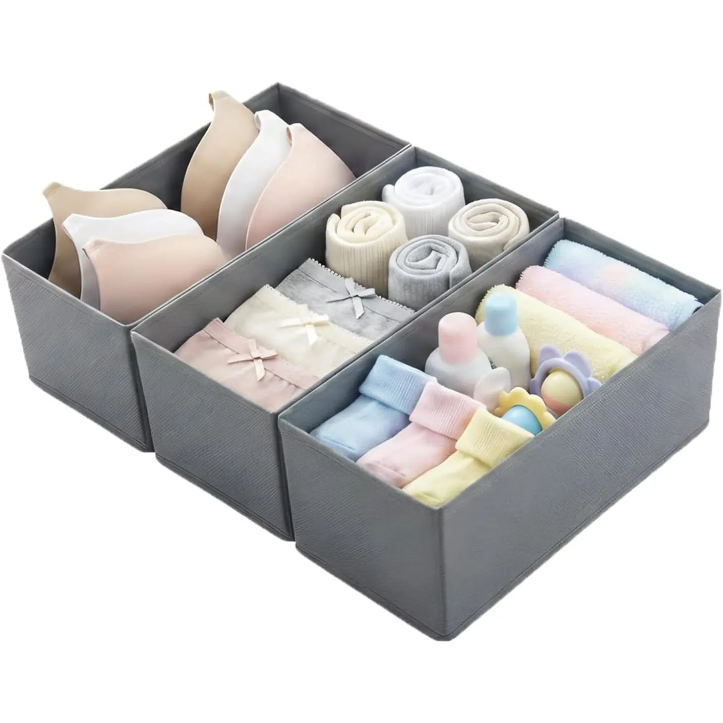 Small Foldable Fabric Drawer Organizer 3-Pack - 11“ Breathable Closet & Dresser Storage Bins for Socks, Underwear, Bras &  Clothes, Grey