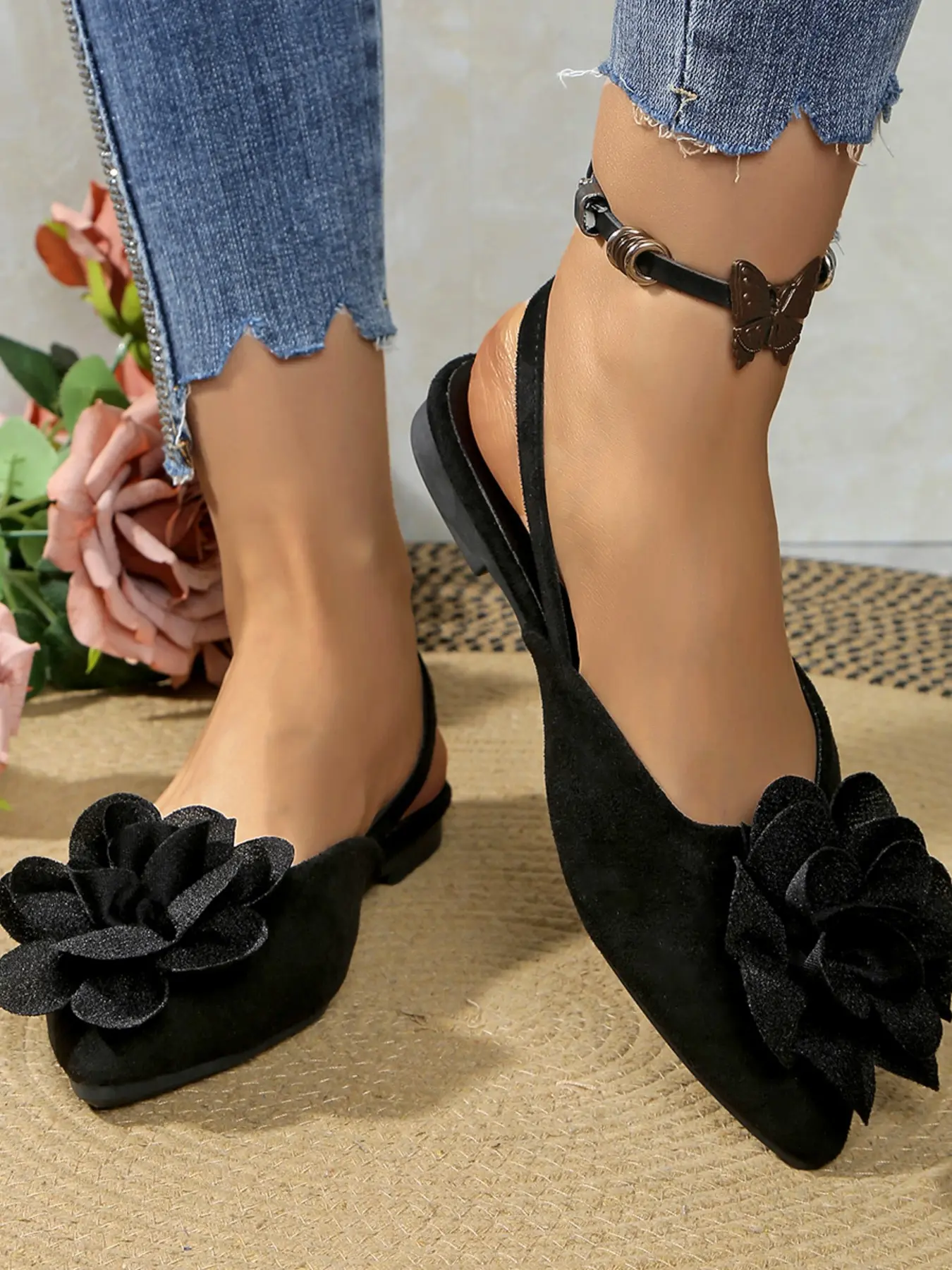 Women's Floral Decor Slip-On Mules Sandals, Pointed Toe Flatform Shoes, Comfortable Summer & Spring Footwear, Ideal for Parties & Gifts