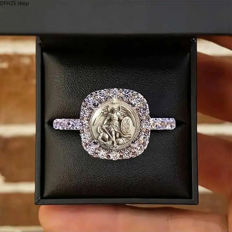 Vintage Saint Michael Archangel Statement Ring, Crystal Halo Square Signet Ring with Guardian Angel Relief Artwork, Adjustable Christian Faith Jewelry for Women & Men, Meaningful Daily Wear Gift