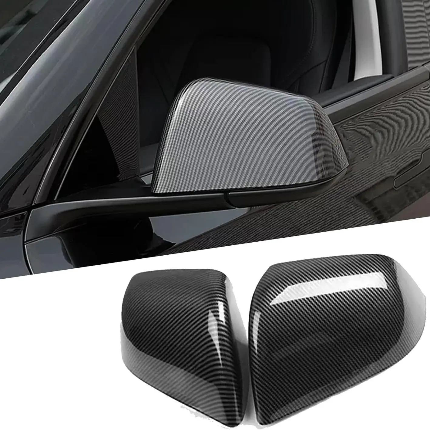 Carbon Fiber Style ABS Plastic Side Mirror Cover Caps, Easy-Install Exterior Decor Trim Accessories, Fits Tesla Model 3/Y (2019-2024)