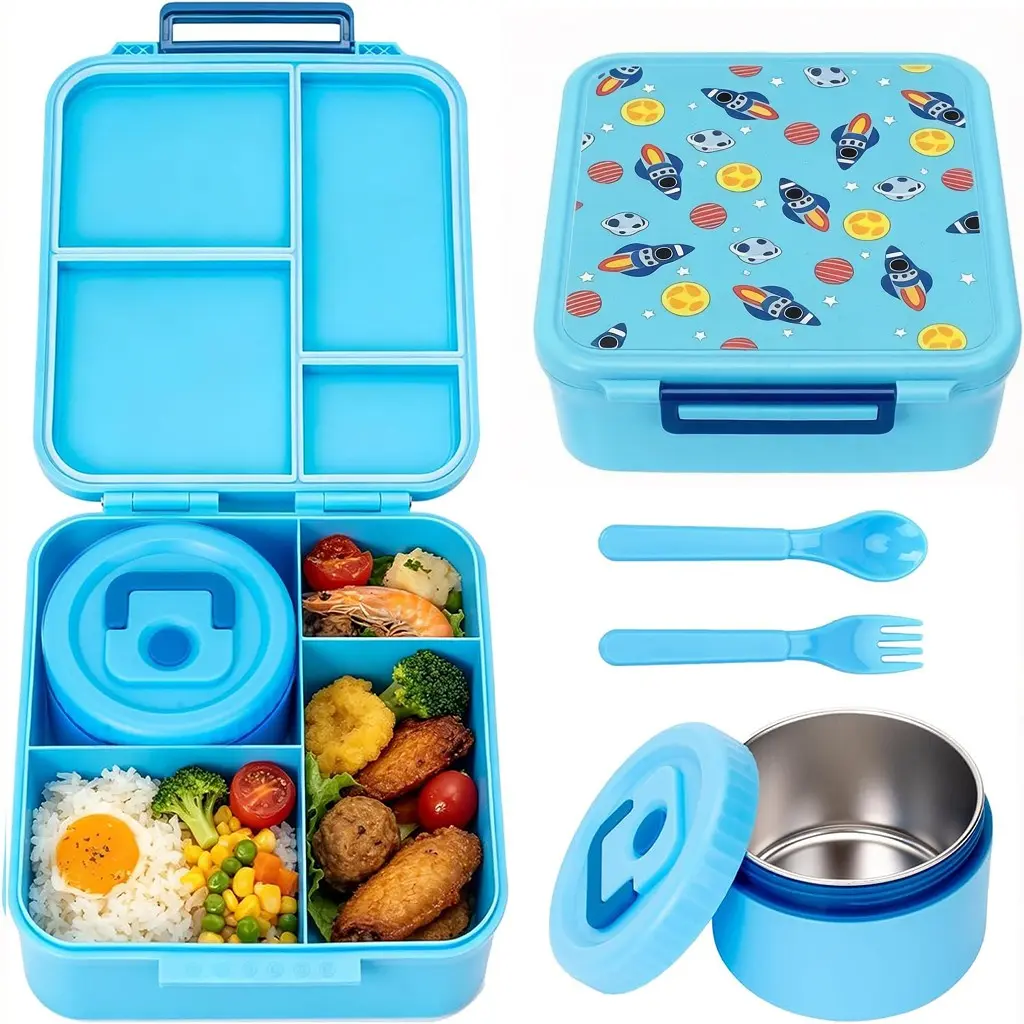 Bento Box for Kids - Leak-Proof Bento Lunch Box with Insulated Thermo Food Jar - 4 Compartments,, 1 Spoon, 1 Fork - Dishwasher Safe, BPA-Free,Kids Thermo Insulated Hot Food Jar for School, Trvael