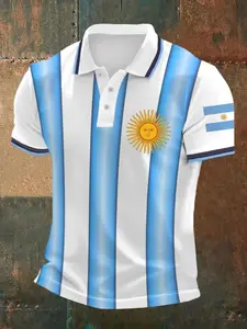 Men's Argentina Theme Polo Shirt, Blue Striped Sun Print Short Sleeve Top, Summer Fan Fashion, Casual Slim-Fit T-Shirt