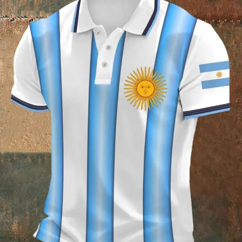 Men's Argentina-Themed Polo Shirt, Striped Polo Tee, Blue Striped Sun-Print Short-Sleeve Top, Summer Fan Fashion Casual Slim-Fit T-Shirt