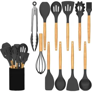 Kitchen Cooking Utensils Set, 12 pcs Non-Stick Silicone Cooking Kitchen Spatula Set with Holder, Wooden Handle Silicone Kitchen Gadgets Utensil Set ,Heat Resistant Gadgets for Safe Meal Preparation