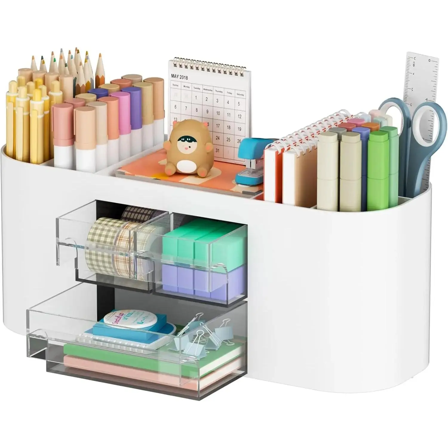 Desk Organizer Pen Holder for Desk with 3 Drawers, Multi-Functional Pencil Holder, Desk Organizers and Accessories with 7 Compartments for Home, School, Classroom(White)