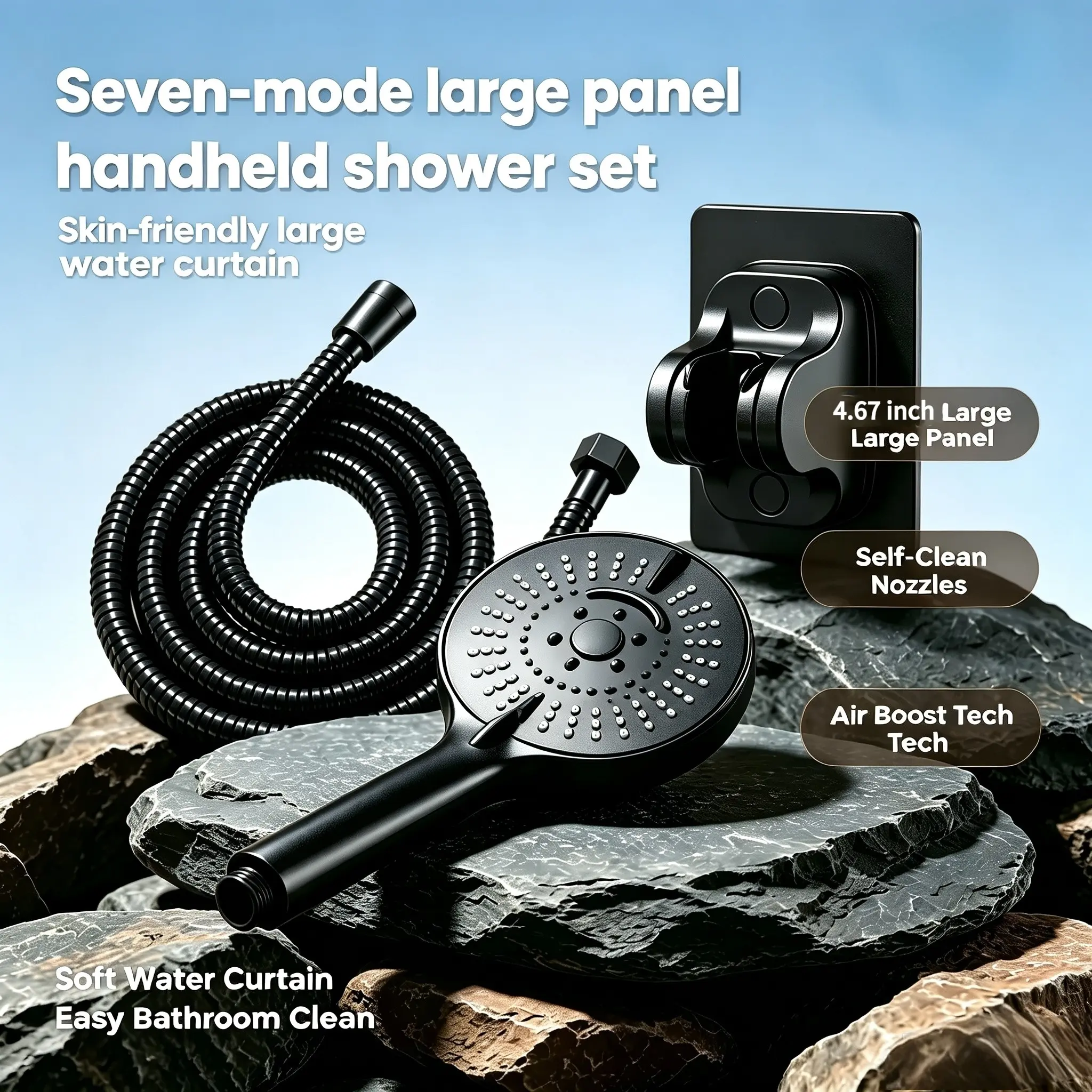 3-Piece Air Booster Handheld Shower Set, 7 Modes, Anti-Clog Nozzle, Wall-Mounted Without Drilling, Flexible Stainless Steel Hose
