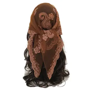 Boho Paisley Embroidered Lace Bandana Scarf, Traditional Ethnic Style Head Wrap with Floral Details for Women