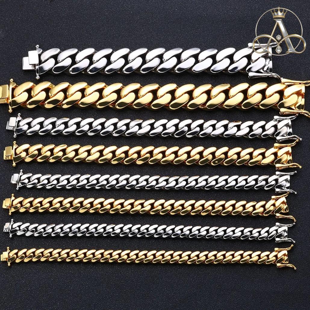 Aurelia Crest  Solid Cuban Chain Bracelet Miami Cuban Link Chain Hip Hop Men Women Fine Jewelry Gift