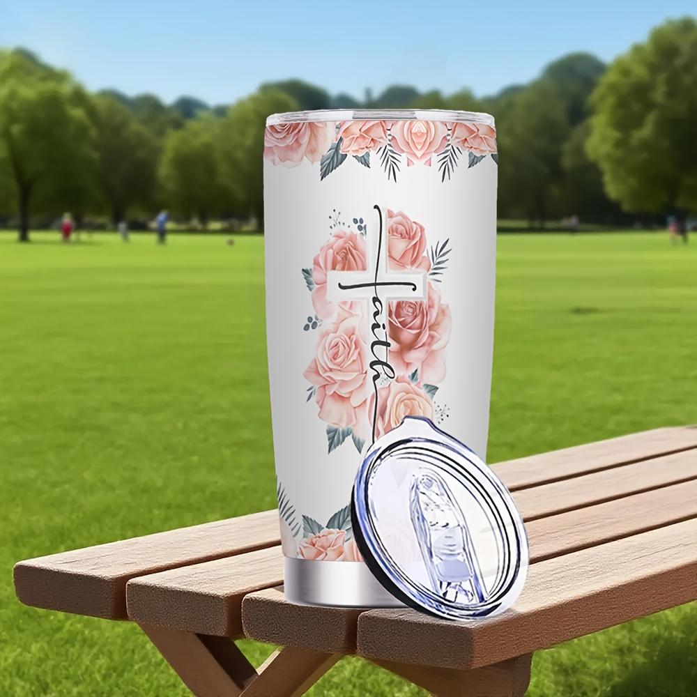 20oz Stainless Steel Tumbler with Lid & Straw - Vacuum Insulated, Double-Wall Travel Mug, Portable Cup with Time Marker Markings & Flower for Coffee, Tea, Juice - Gift for / (Valentine's, Mother's