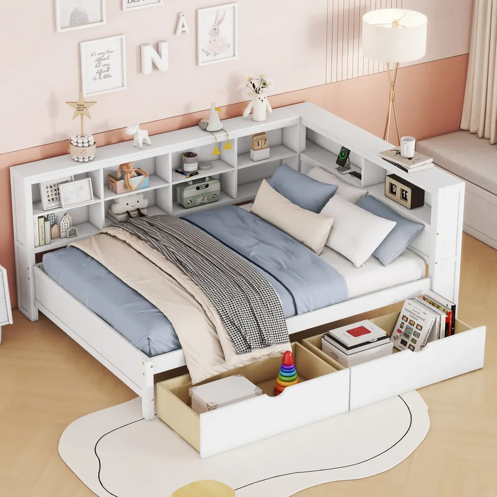 Twin/Full Size Wooden Daybed Frame with 2 Storage Drawers, Storage Shelf, USB Charging Station, Solid Wood Platform Bed with Sturdy Slats for Bedroom, Living Room, Guest Room, Space Saving Design, White/Grey, Mattress Not Included