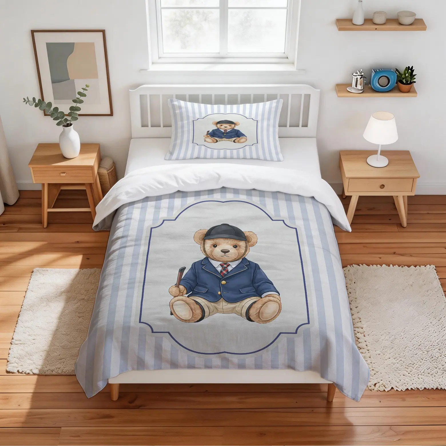 Cute Striped Teddy Bear Print Pattern Duvet Cover, Soft, Comfortable And Durable, Suitable For Bedroom Decoration Gifts For Teenagers And Adults, Including 1 Bed Duvet Cover And 1 Or 2 Pillowcases Without Core And Pillow