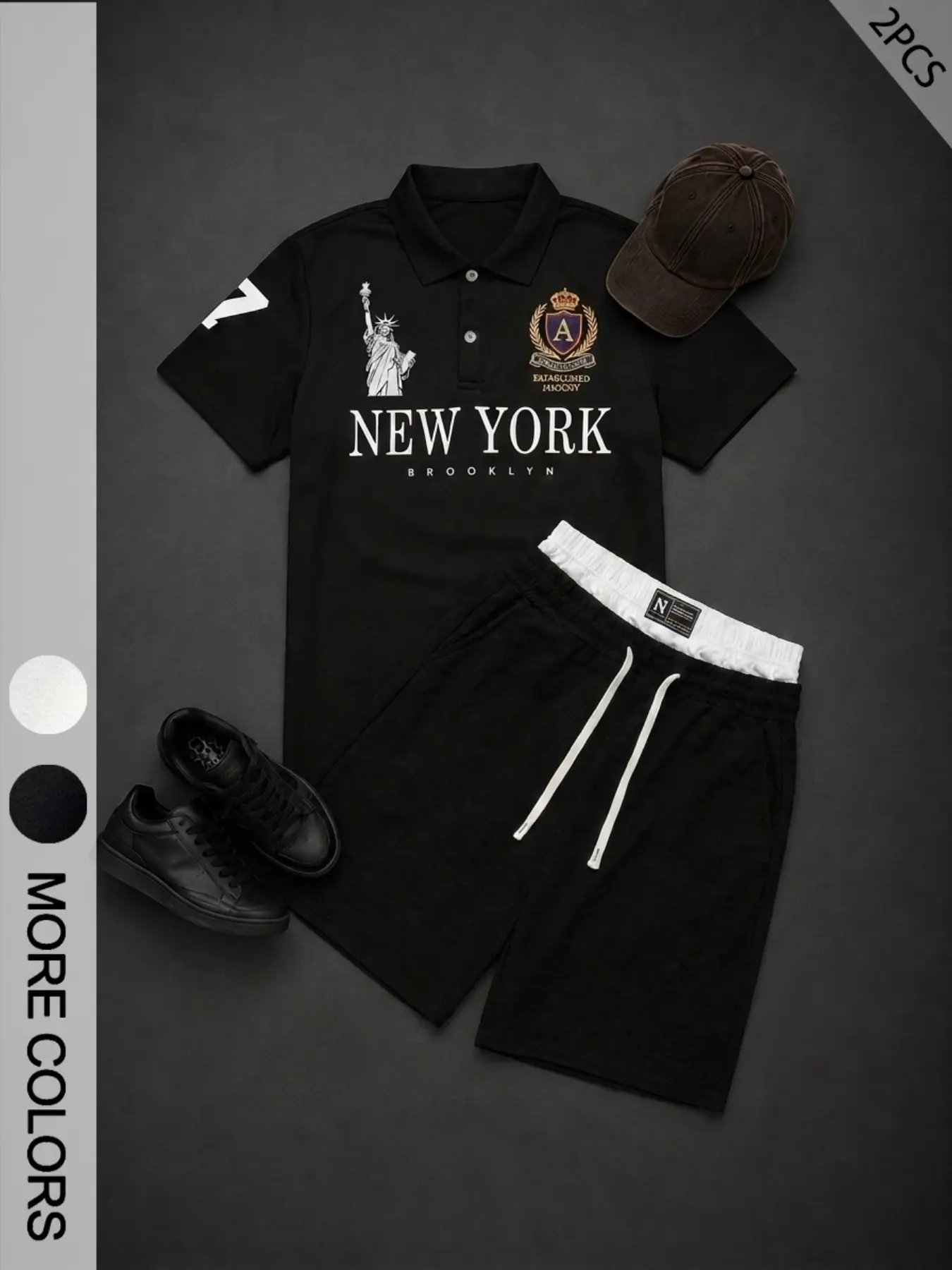 Men's New York Brooklyn Theme American College Style Polo Shirt and Shorts Set, Retro Badge, City Symbol, Sporty Casual Style