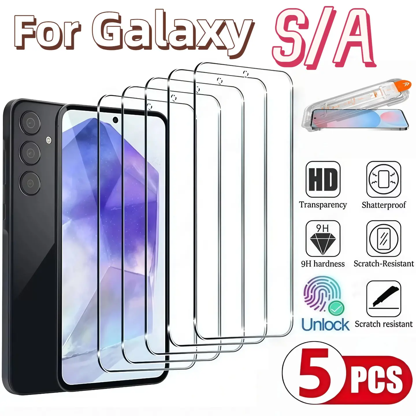 5-Pack Samsung Galaxy Screen Protectors, Tempered Glass Cover, HD Full Coverage, Scratch-Resistant, Ultra-Sensitive Fingerprint Unlock, Easy Installation