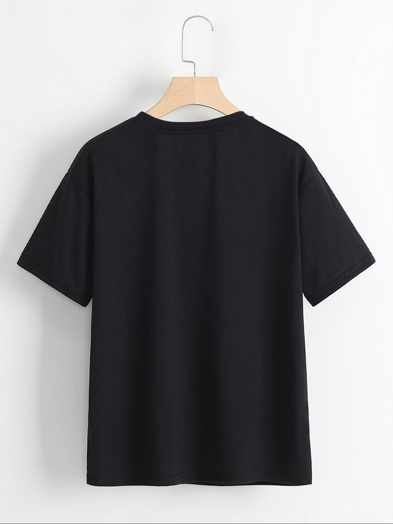 Unisex's Animal Cat & Letter Print Round Neck Tee, Fashion Casual Streetwear Crew Neck T-shirt for Daily Holiday Vacation Outdoor Wear, Unisex's Clothes for All Seasons